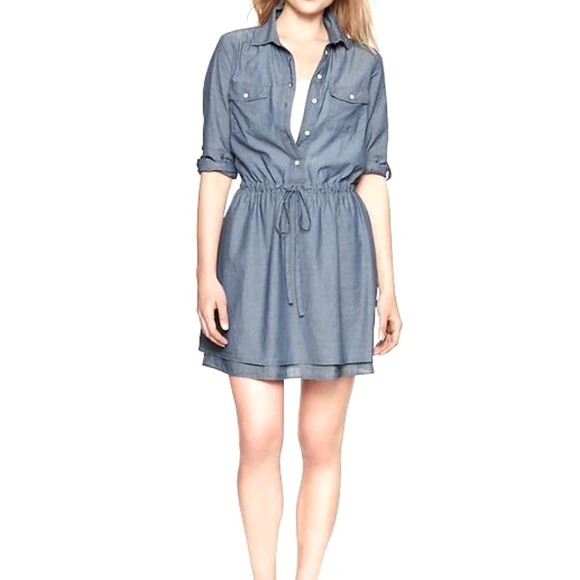 Gap Chambray Denim Dress Roll Tab Sleeve Utility Shirt Dress Size Small - Picture 2 of 11